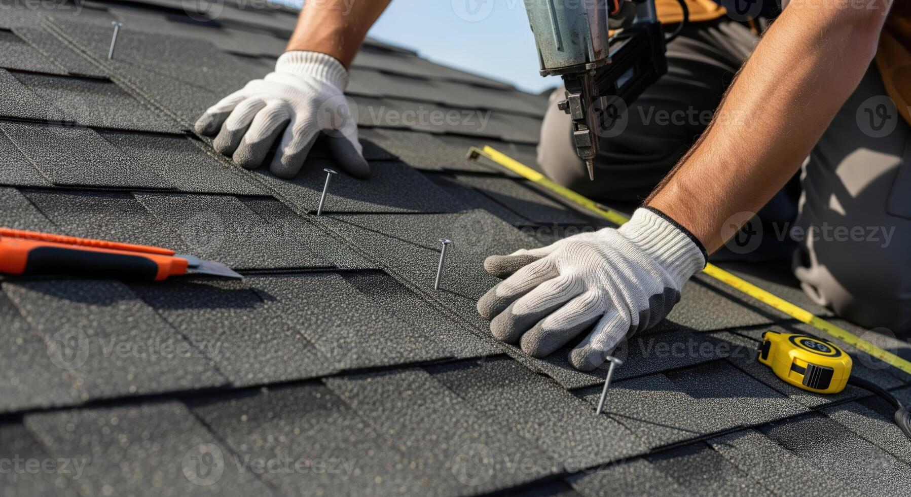 Professional roofer installing asphalt shingles on a residential roof